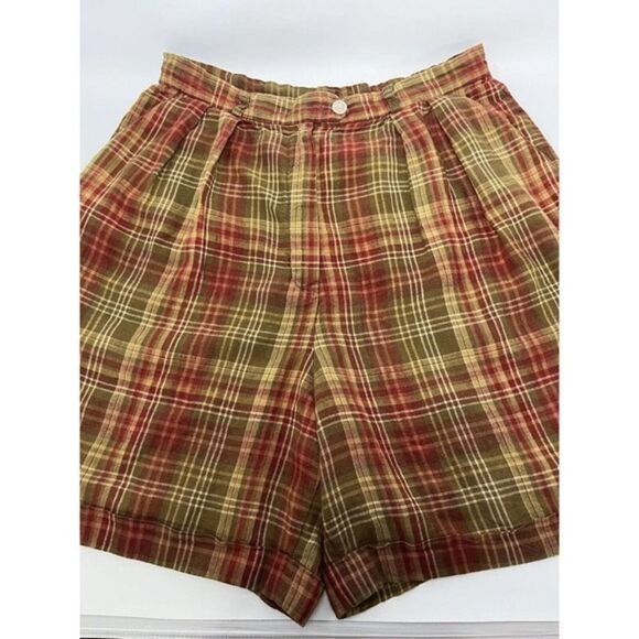 Women’s Ralph Lauren Linen Shorts Plaid Red Gold Tan‎ Linen Pleated 10 Petite - Picture 2 of 5